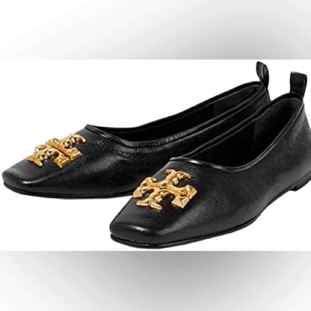 Tory Burch Black Flats with Gold Emblem - Picture 1 of 5